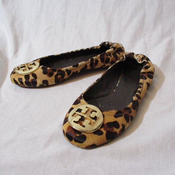 TORY BURCH REVA Leather Ballet Flats Slip On Shoes 7.5 LEOPARD Signature - Picture 2 of 7